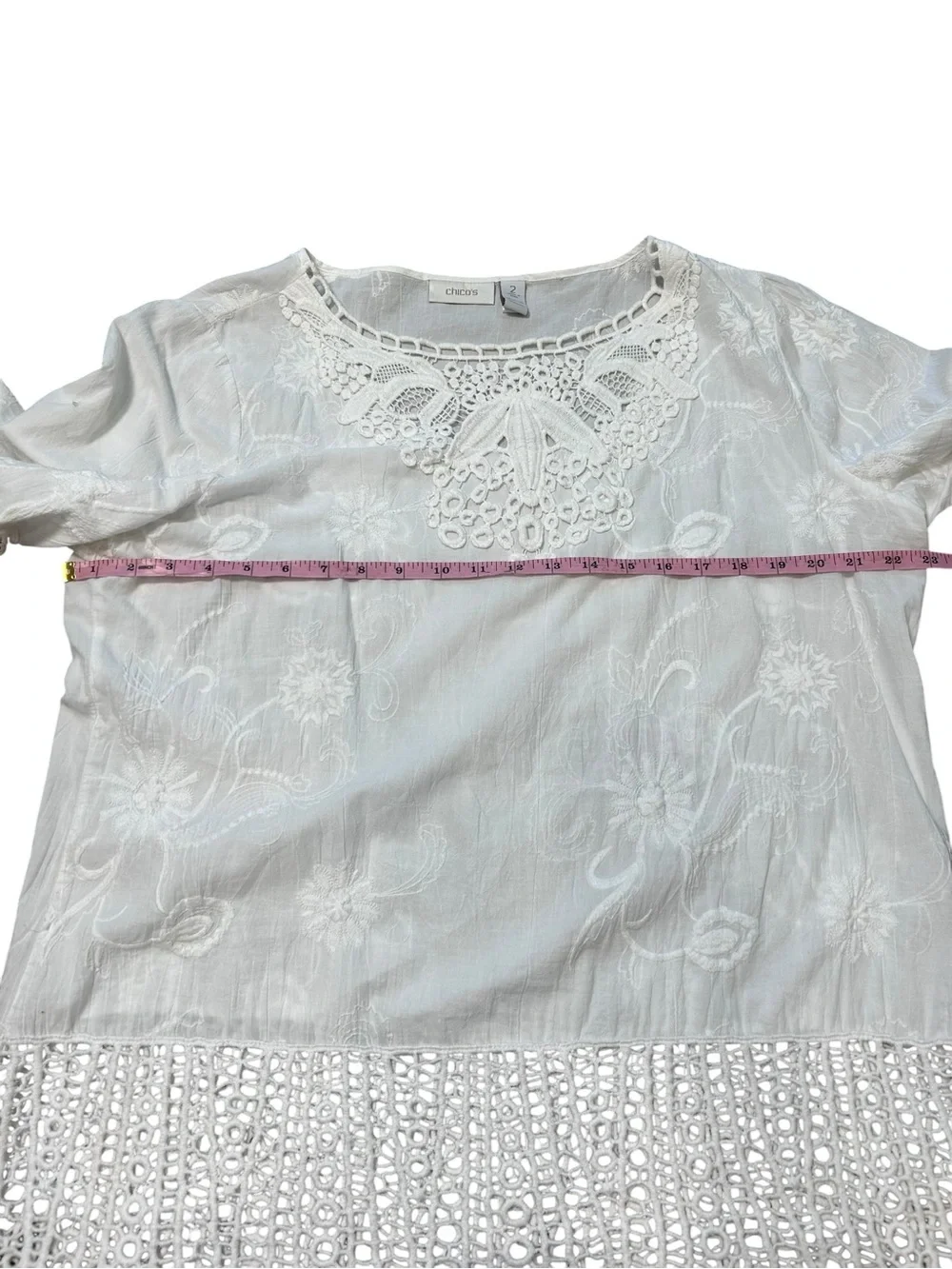Chico’s white sheer crochet boxy top size 2 large US 12 coastal Lagenlook beach
